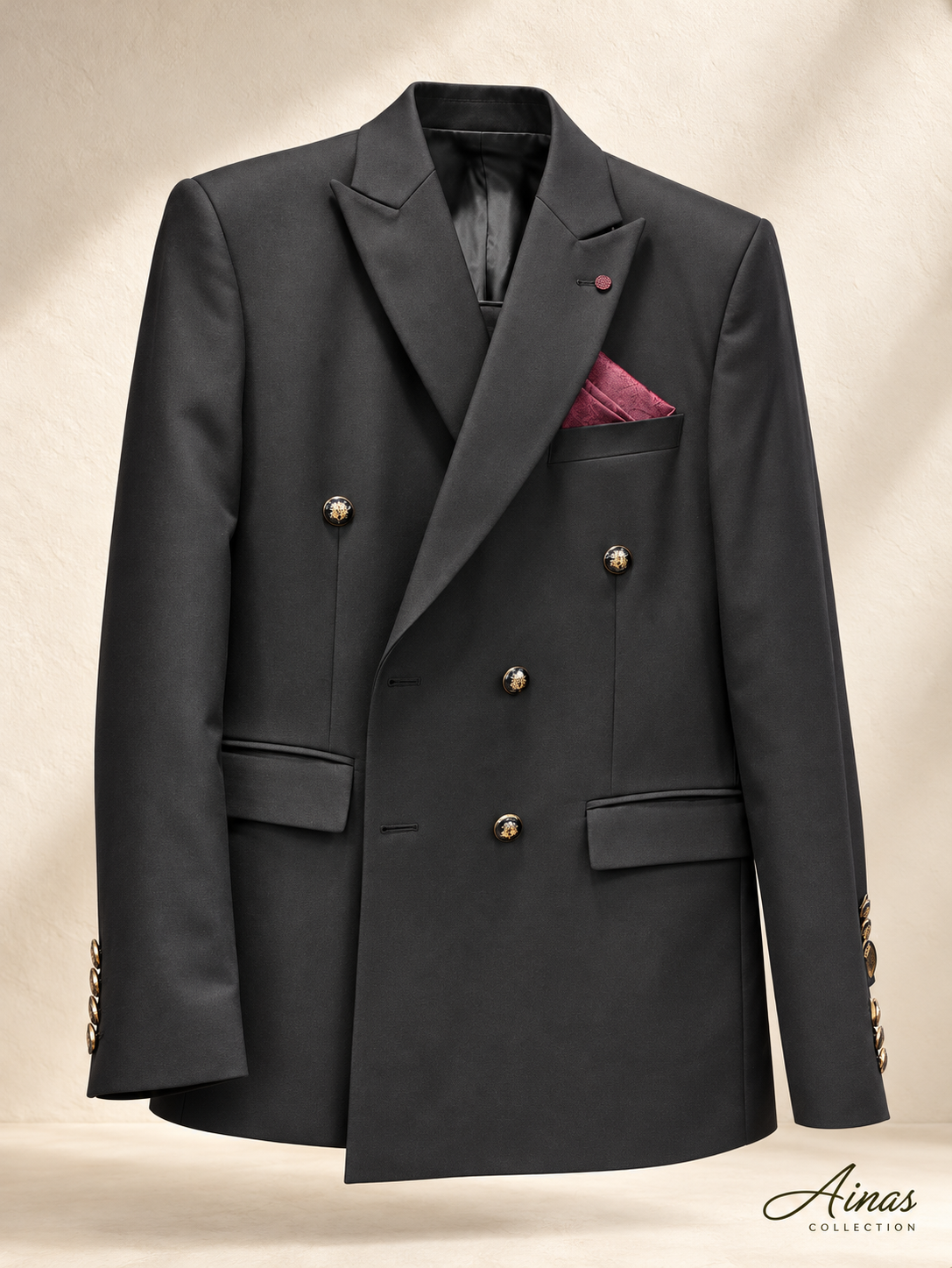 Ainas Collection Black double-breasted 2-piece suit — jacket photograph enhanced from actual supplied photo