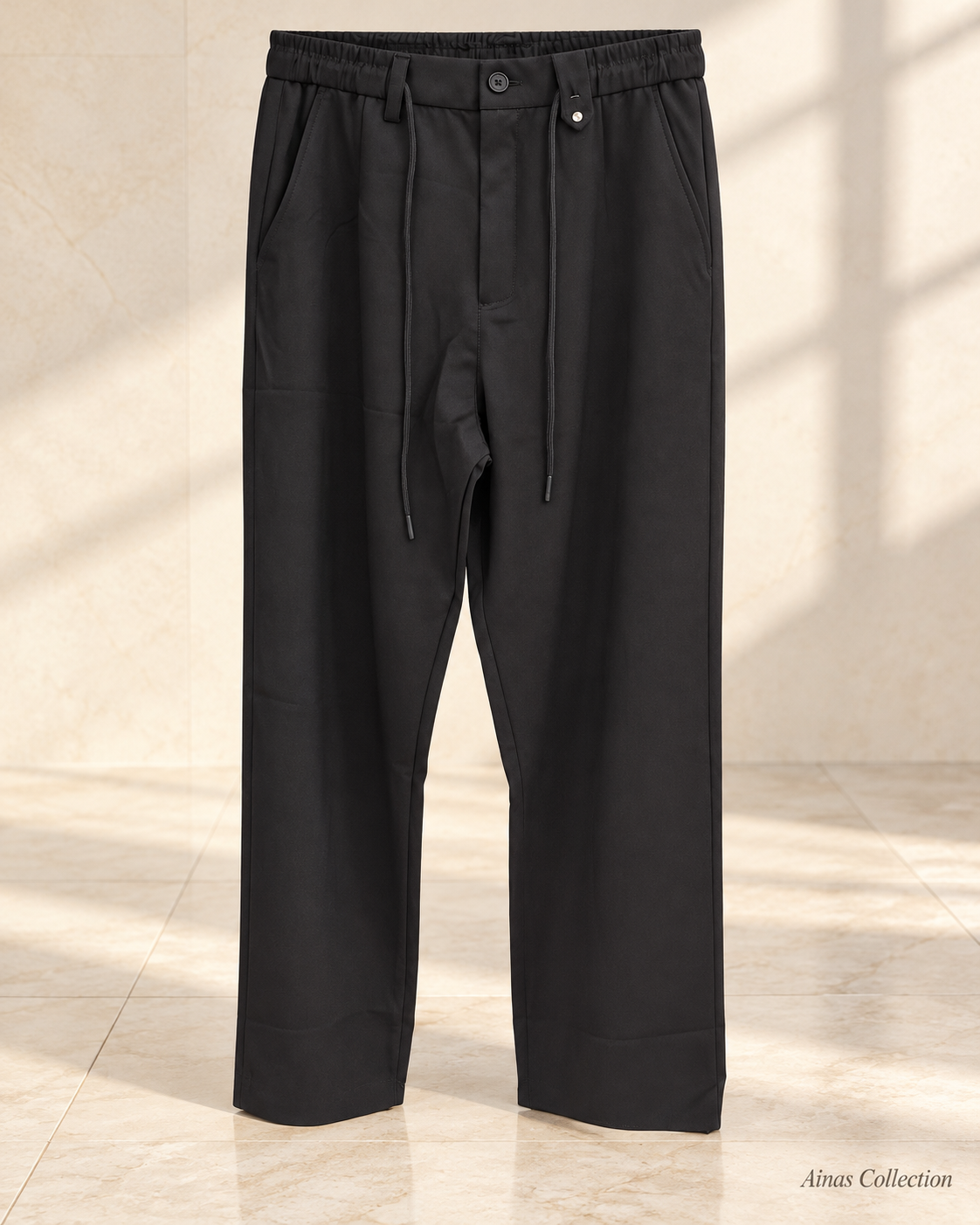 Black Smart Drawstring Trousers — front view, actual product photo with AI-assisted background editing. Confirm size and availability before ordering.