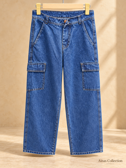 Ainas Collection Blue Cargo Denim Jeans — actual supplied front photograph with edited background