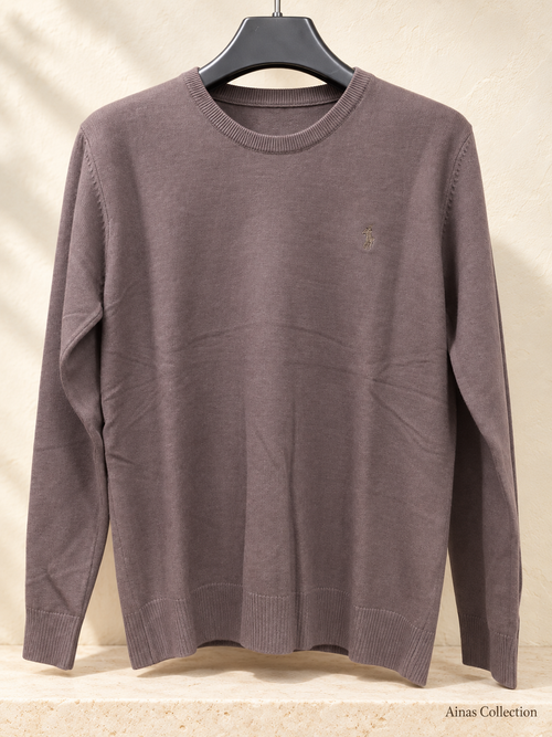 Ainas Collection brown-plum crewneck knit sweater, actual supplied front photograph with edited background