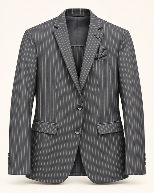 Ainas Collection charcoal pinstripe 2-piece suit — coat, front view