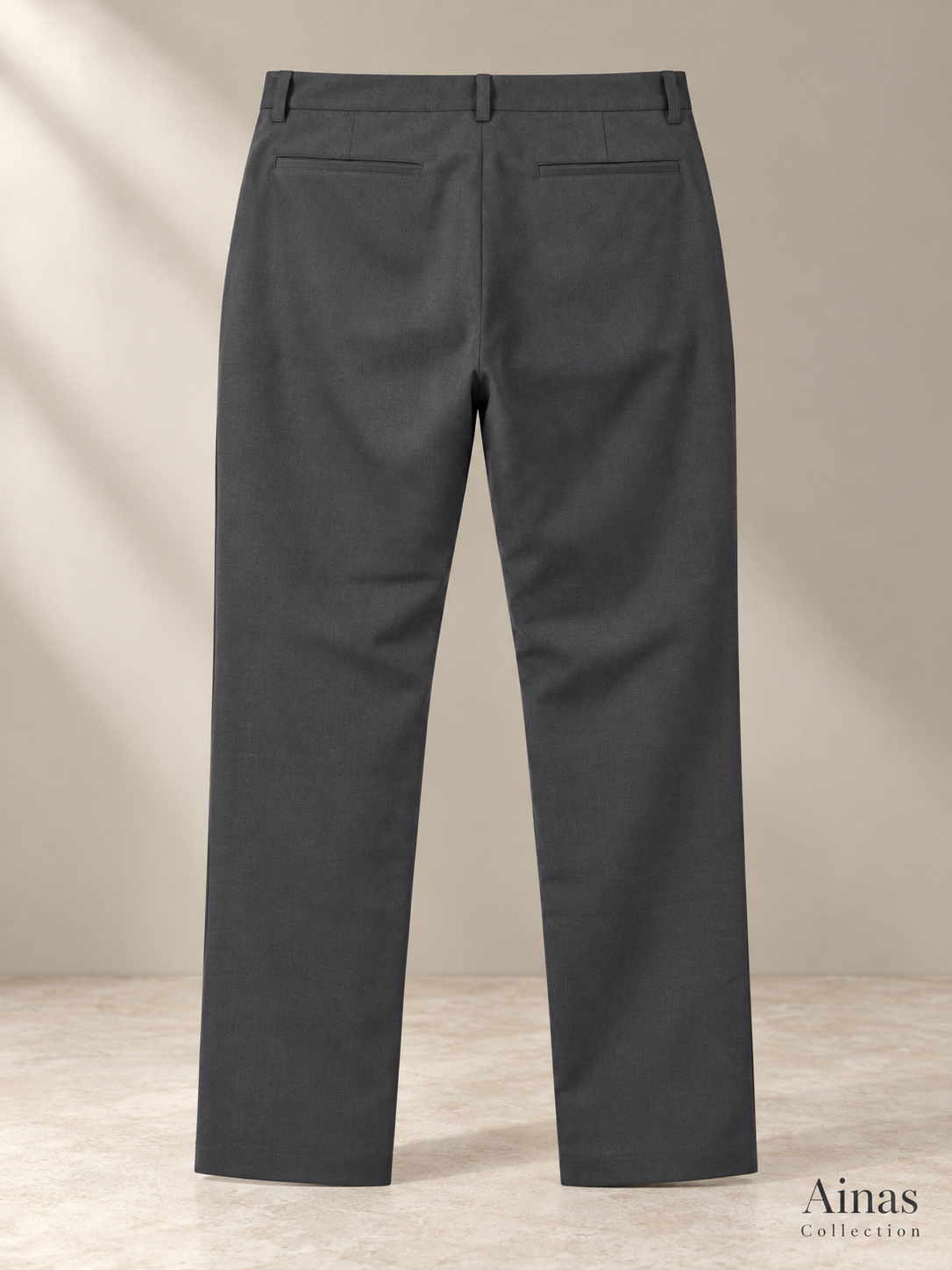 Ainas Collection Charcoal Classic Plain Trousers — back colour/styling preview based on supplied product photographs