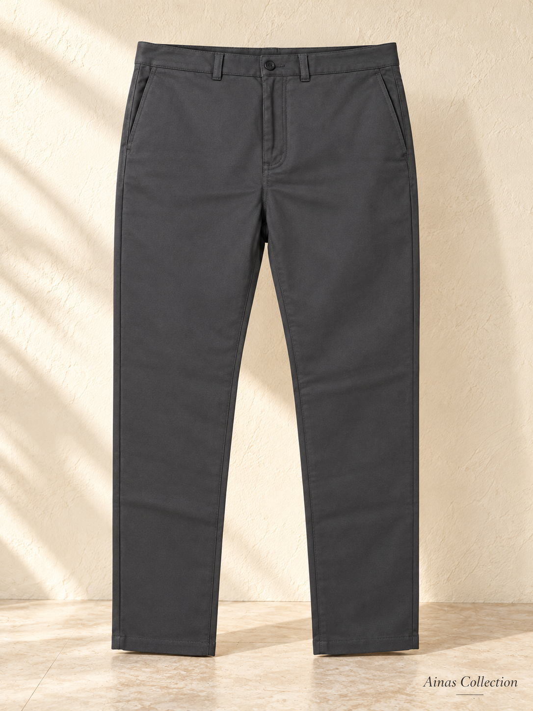 Ainas Collection Charcoal Classic Plain Trousers — front colour/styling preview based on supplied product photographs