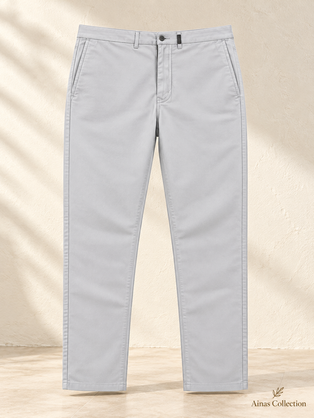 Ainas Collection Light Grey Classic Plain Trousers — front colour/styling preview based on supplied product photographs
