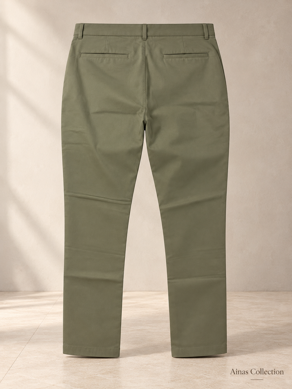 Ainas Collection Olive Classic Plain Trousers — back colour/styling preview based on supplied product photographs
