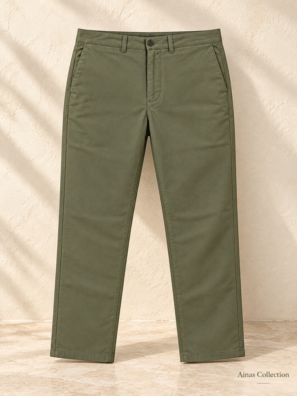Ainas Collection Olive Classic Plain Trousers — front colour/styling preview based on supplied product photographs