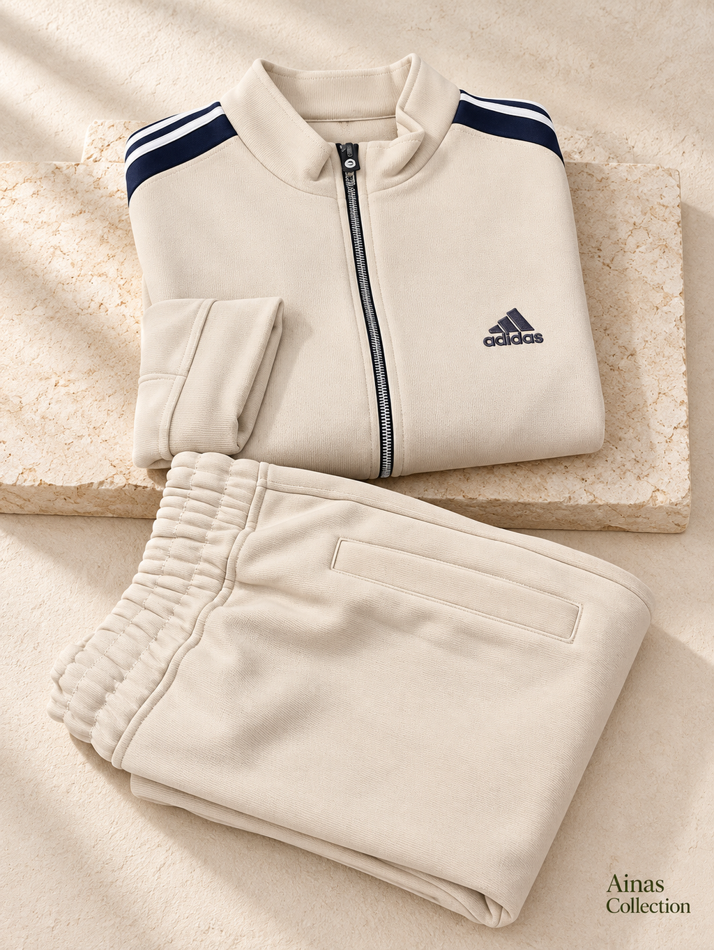 Ainas Collection cream shoulder stripe 2-piece tracksuit — folded pair; enhanced actual product photograph