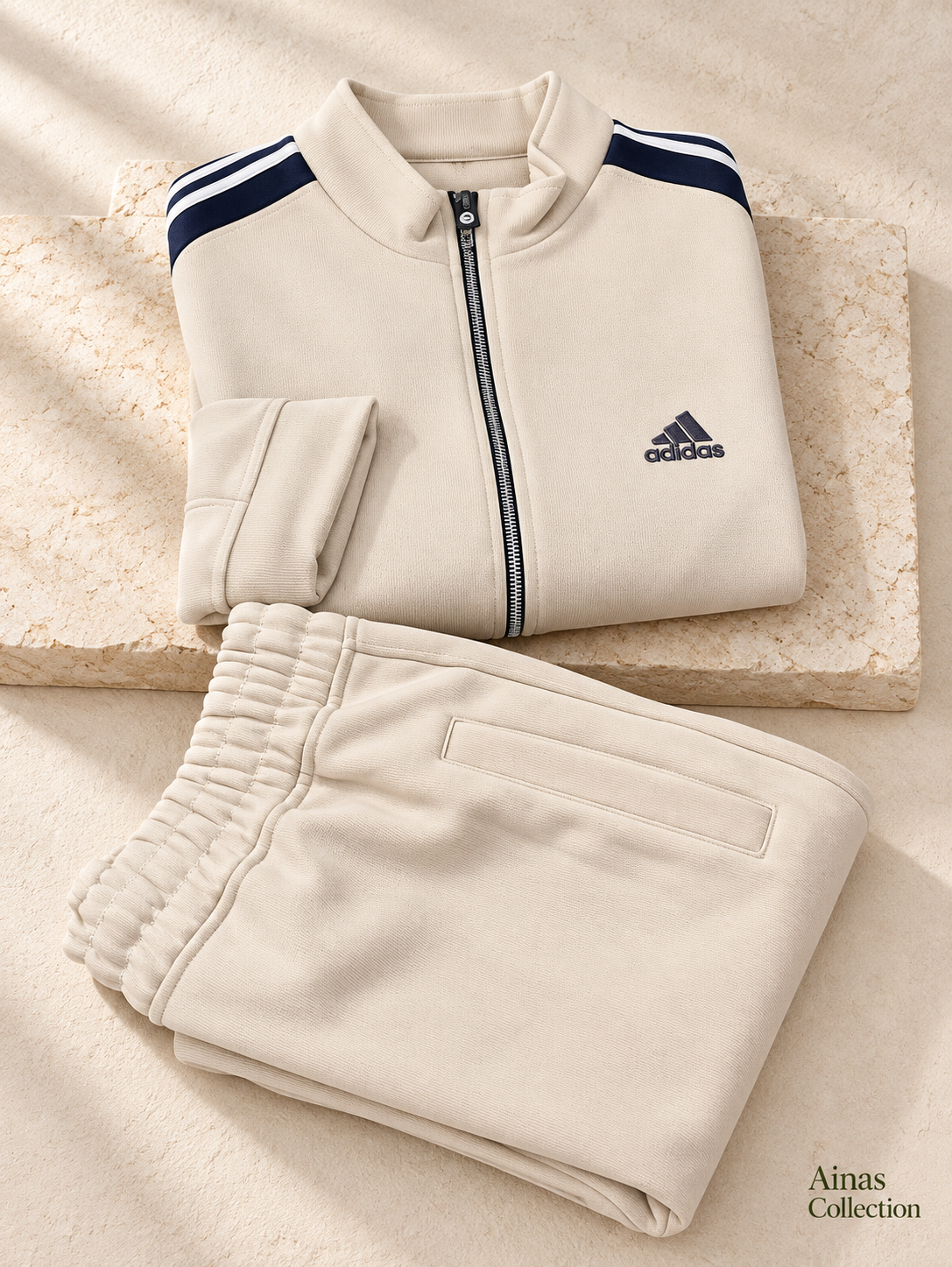Ainas Collection cream shoulder stripe 2-piece tracksuit — folded pair; enhanced actual product photograph