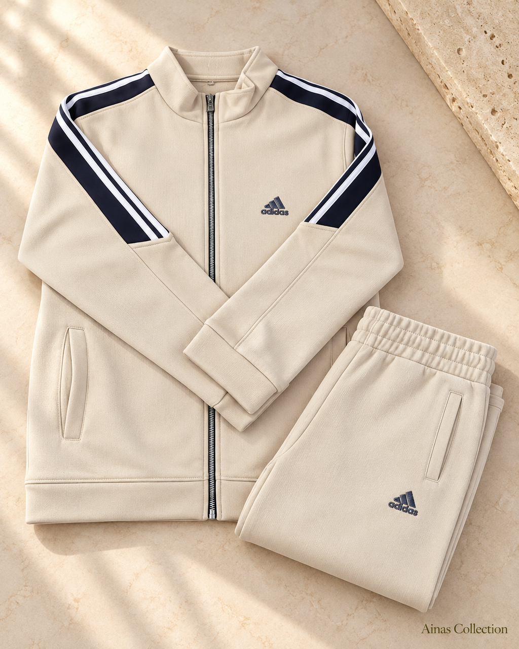 Ainas Collection cream shoulder stripe 2-piece tracksuit — set hero; enhanced actual product photograph
