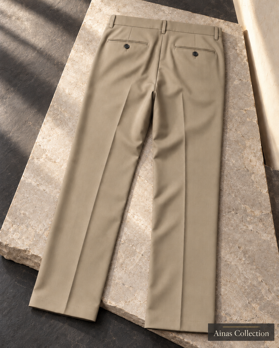 Ainas Collection plain dress trousers in Beige — AI-assisted back-view colour display