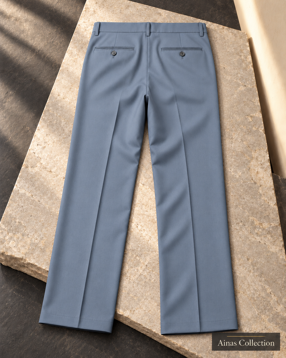 Ainas Collection plain dress trousers in Blue Grey — AI-assisted back-view colour display