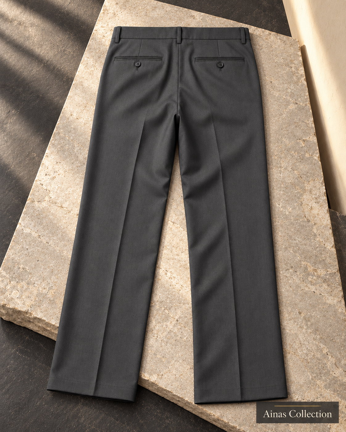 Ainas Collection plain dress trousers in Charcoal — AI-assisted back-view colour display