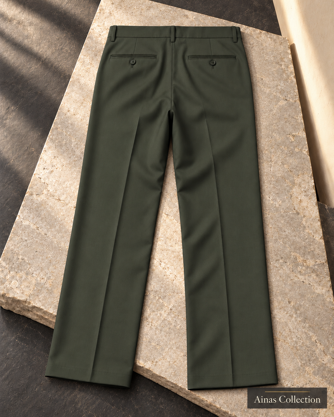 Ainas Collection plain dress trousers in Dark Olive — AI-assisted back-view colour display