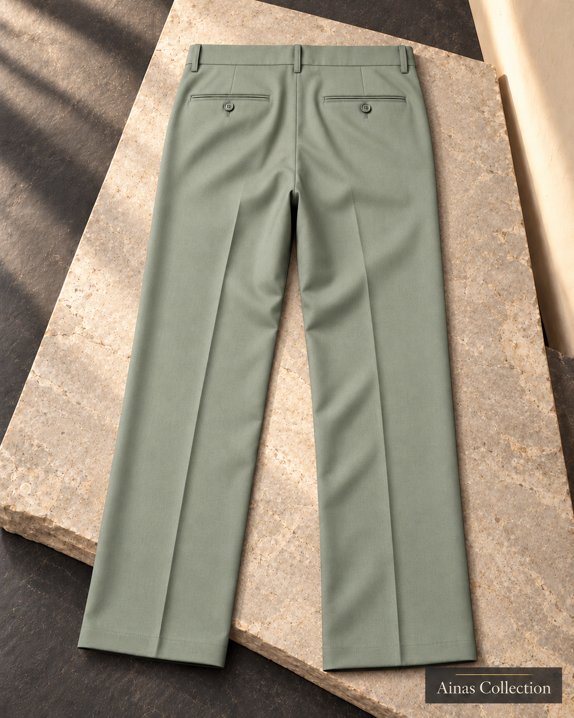 Ainas Collection plain dress trousers in Sage — AI-assisted back-view colour display