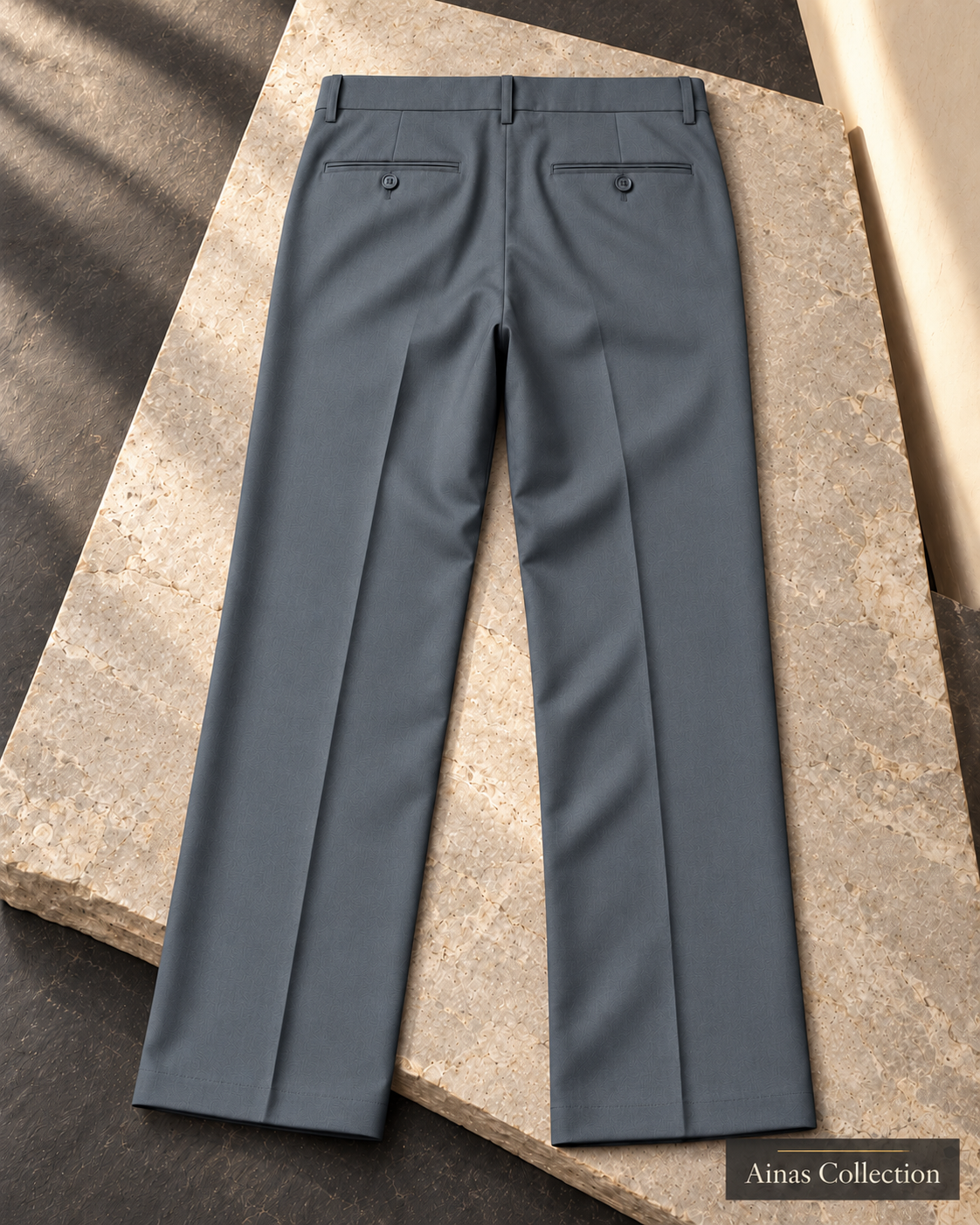 Ainas Collection plain dress trousers in Steel Grey — AI-assisted back-view colour display