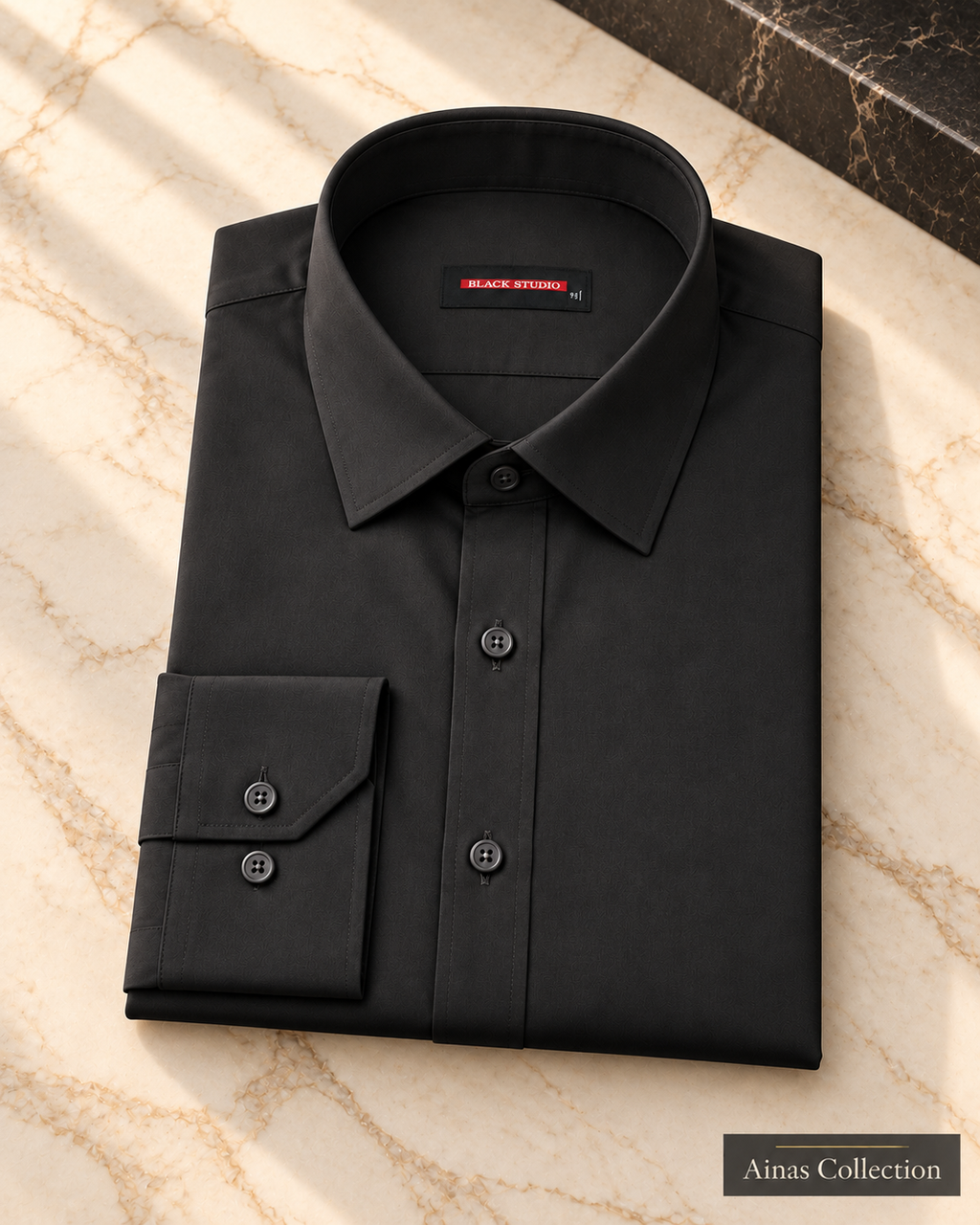 Ainas Collection Black formal shirt — folded display; AI-assisted colour preview, confirm actual colour and availability