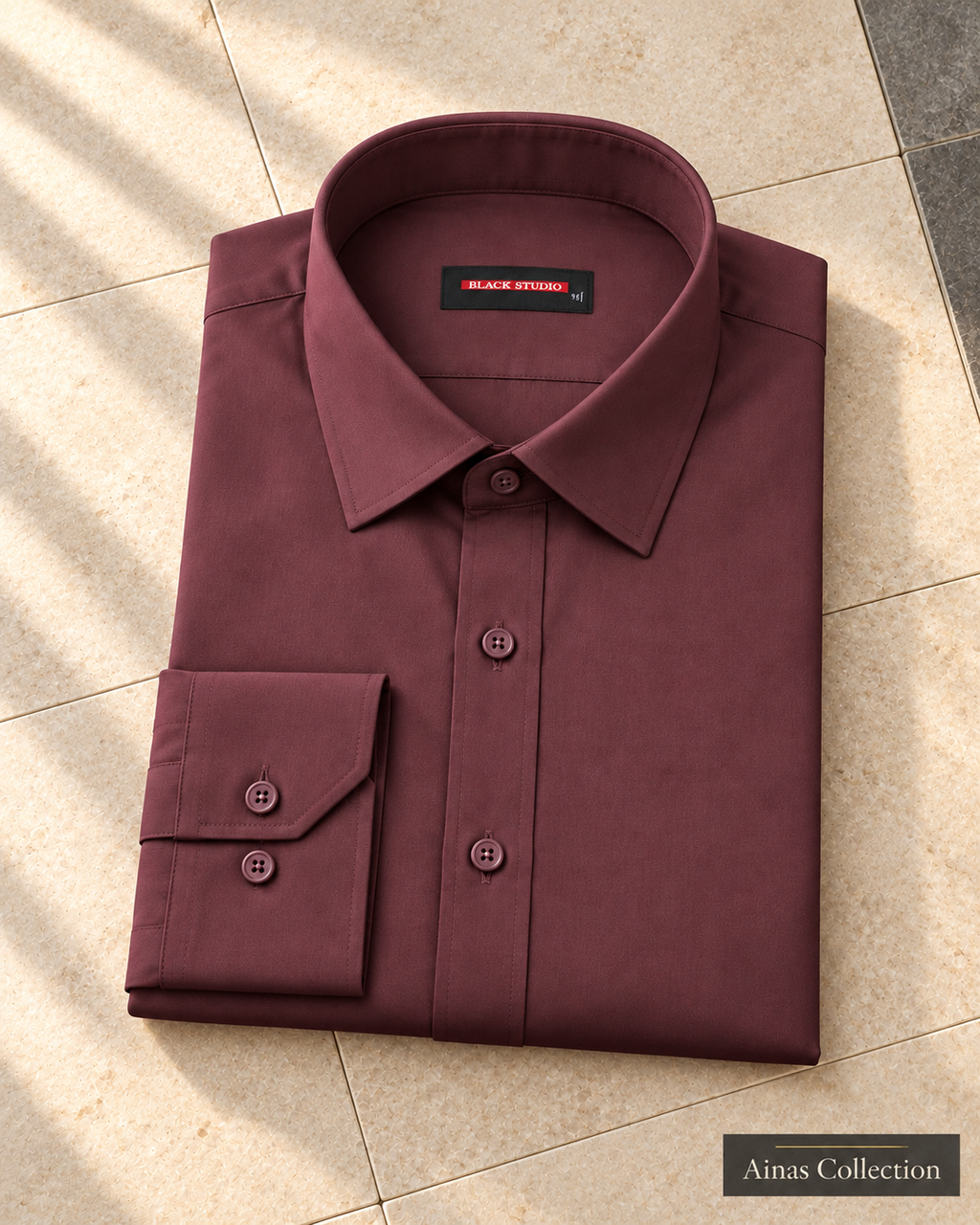 Ainas Collection Burgundy formal shirt — folded display; AI-assisted colour preview, confirm actual colour and availability