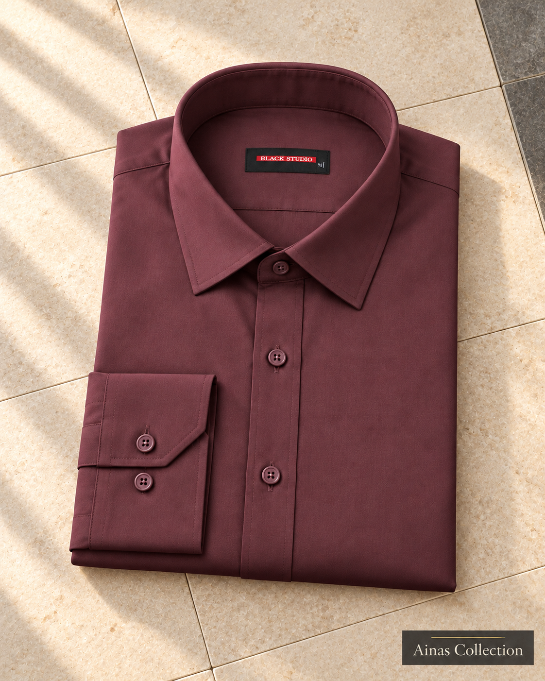 Ainas Collection Burgundy formal shirt — folded display; AI-assisted colour preview, confirm actual colour and availability