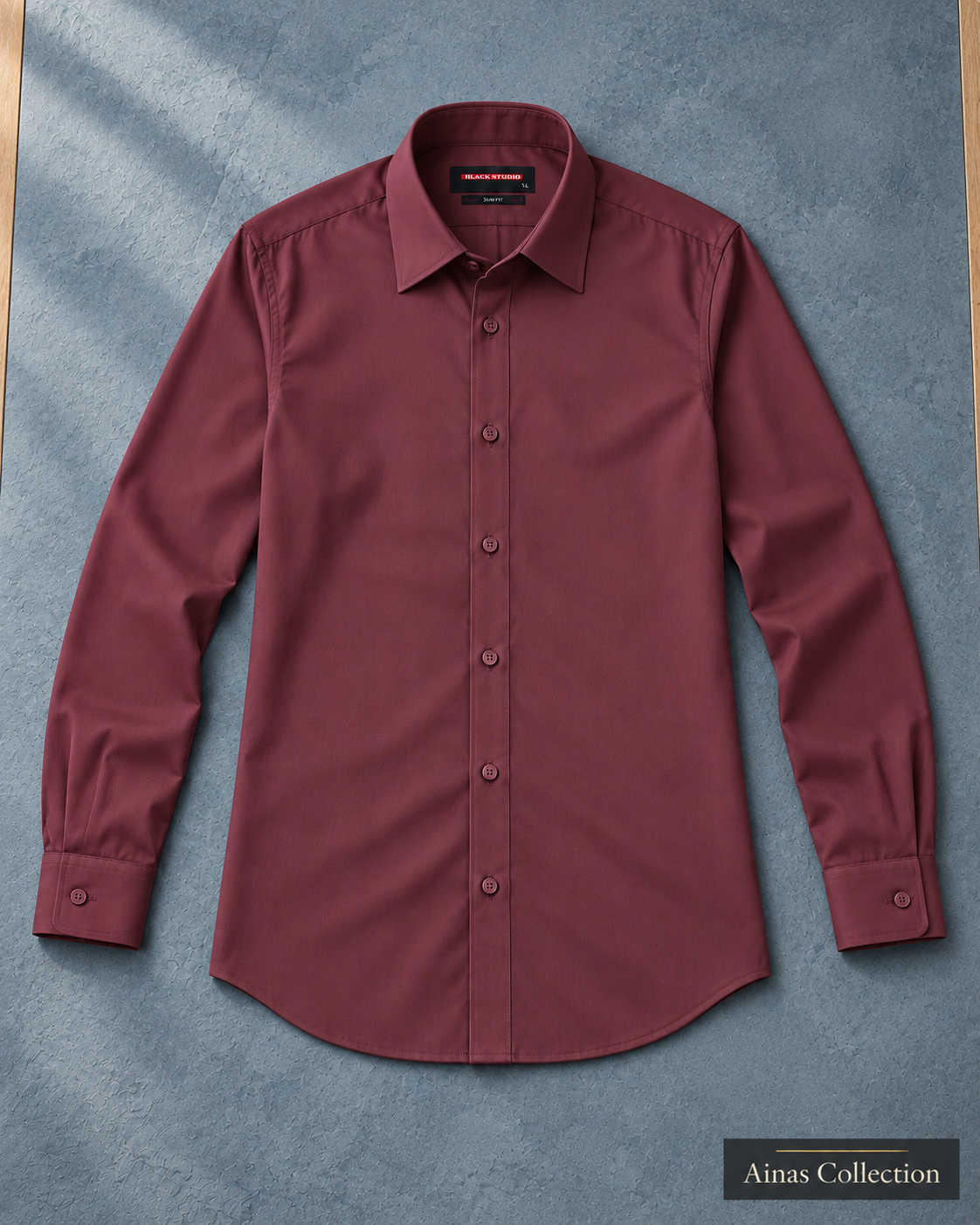 Ainas Collection Burgundy formal shirt — full sleeves open view; AI-assisted colour preview, confirm actual colour and availability