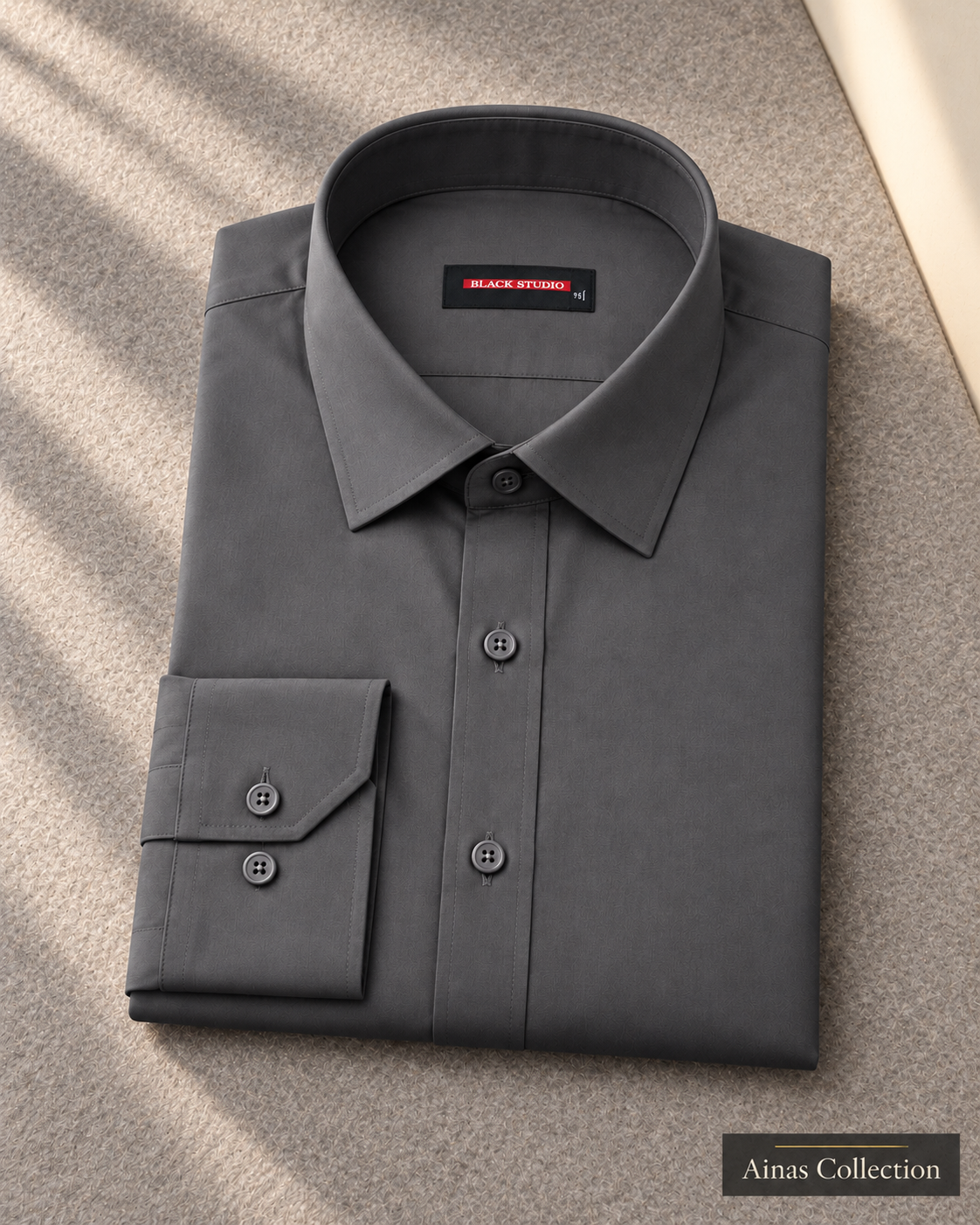 Ainas Collection Charcoal formal shirt — folded display; AI-assisted colour preview, confirm actual colour and availability