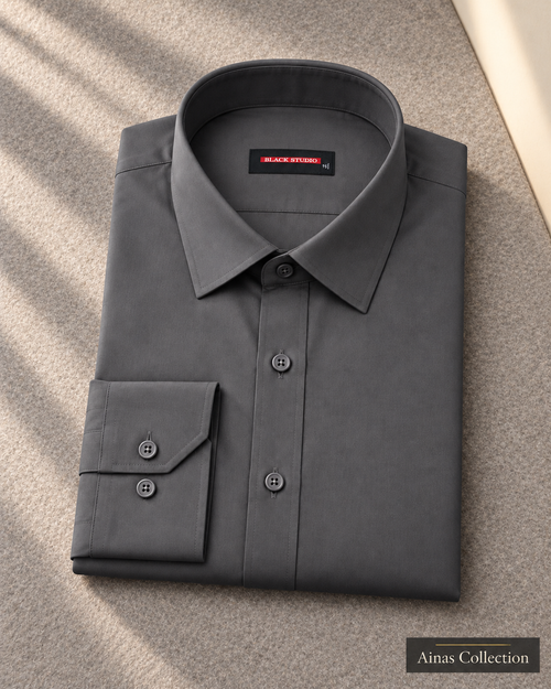 Ainas Collection Charcoal formal shirt — folded display; AI-assisted colour preview, confirm actual colour and availability