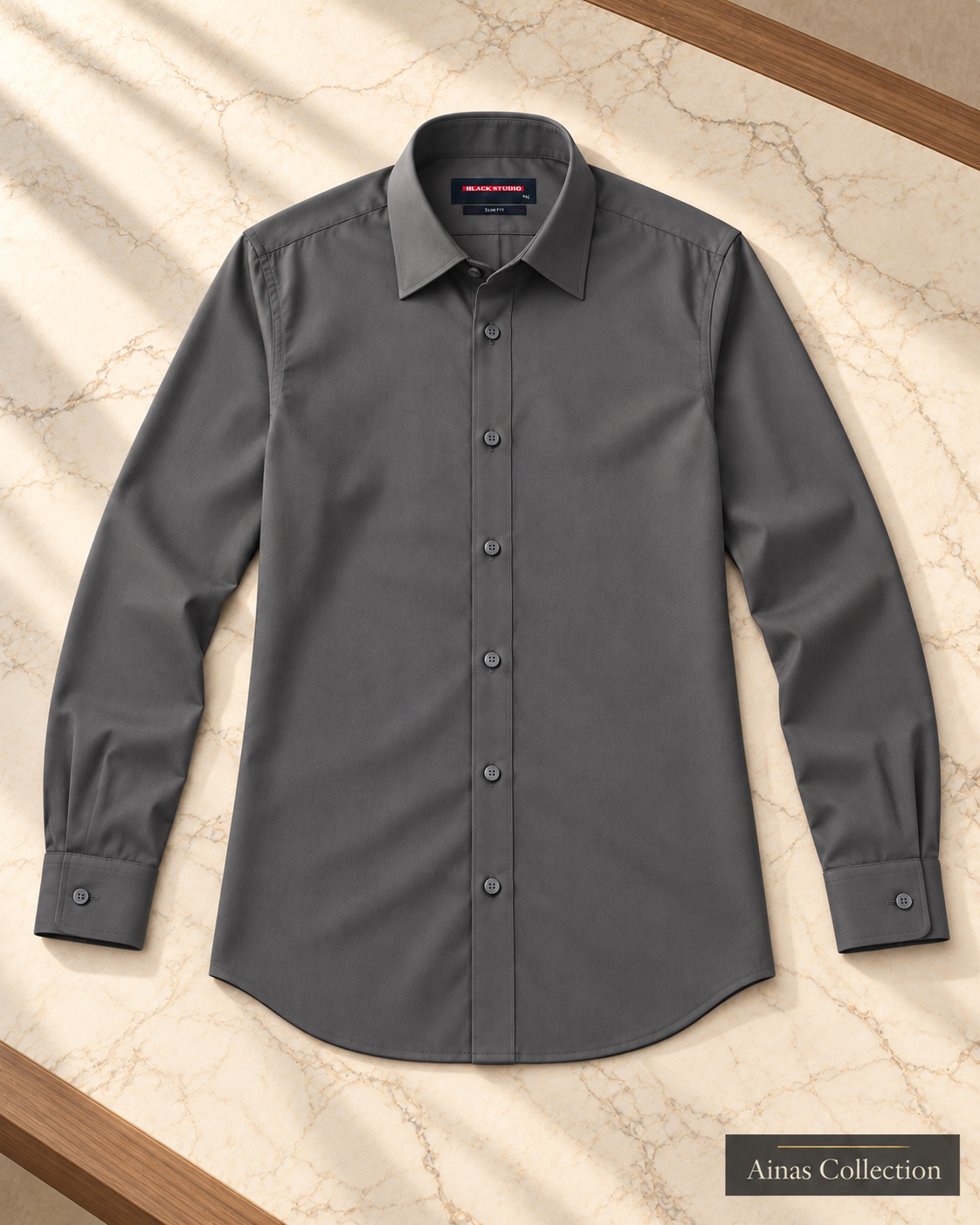 Ainas Collection Charcoal formal shirt — full sleeves open view; AI-assisted colour preview, confirm actual colour and availability