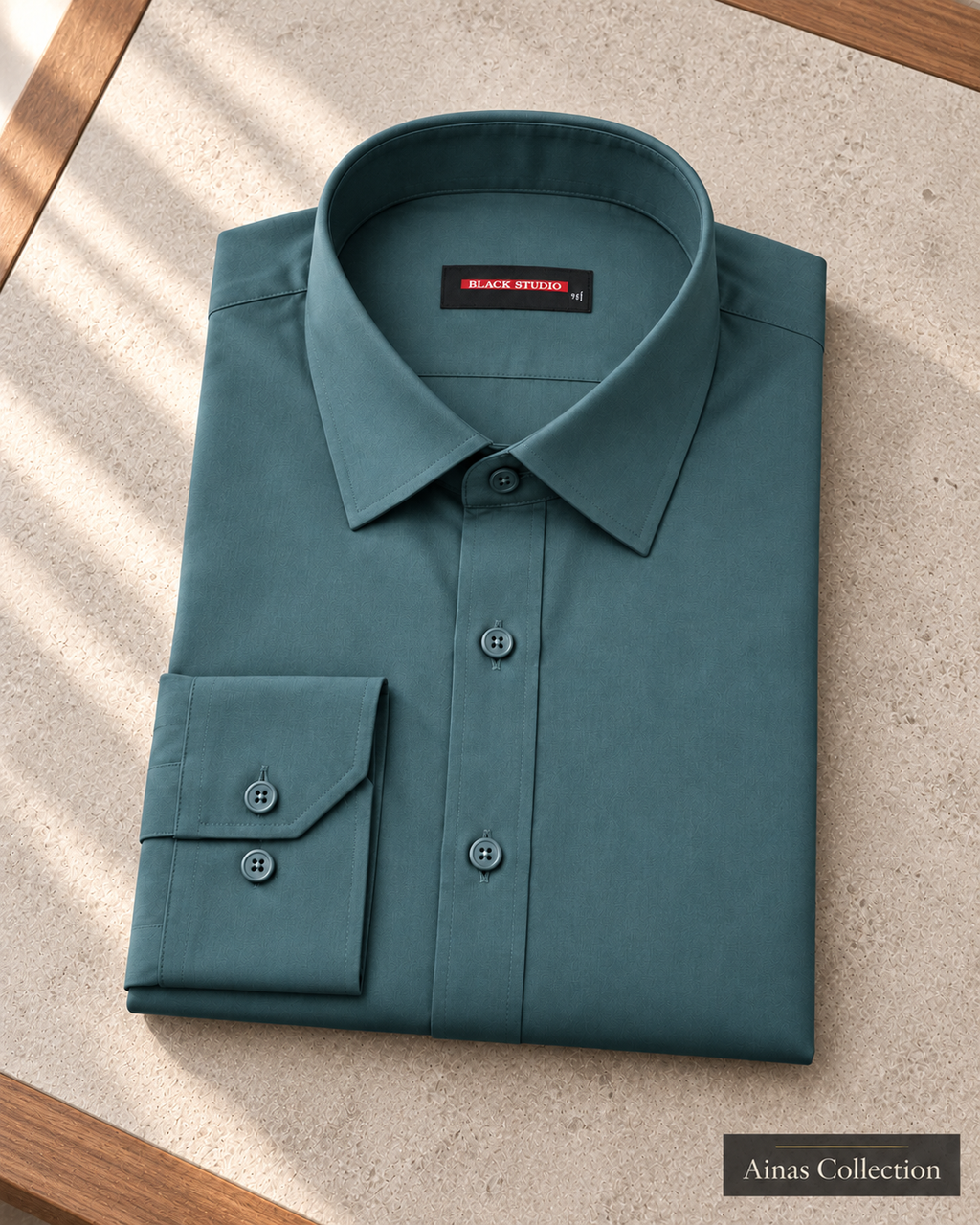 Ainas Collection Deep Teal formal shirt — folded display; AI-assisted colour preview, confirm actual colour and availability