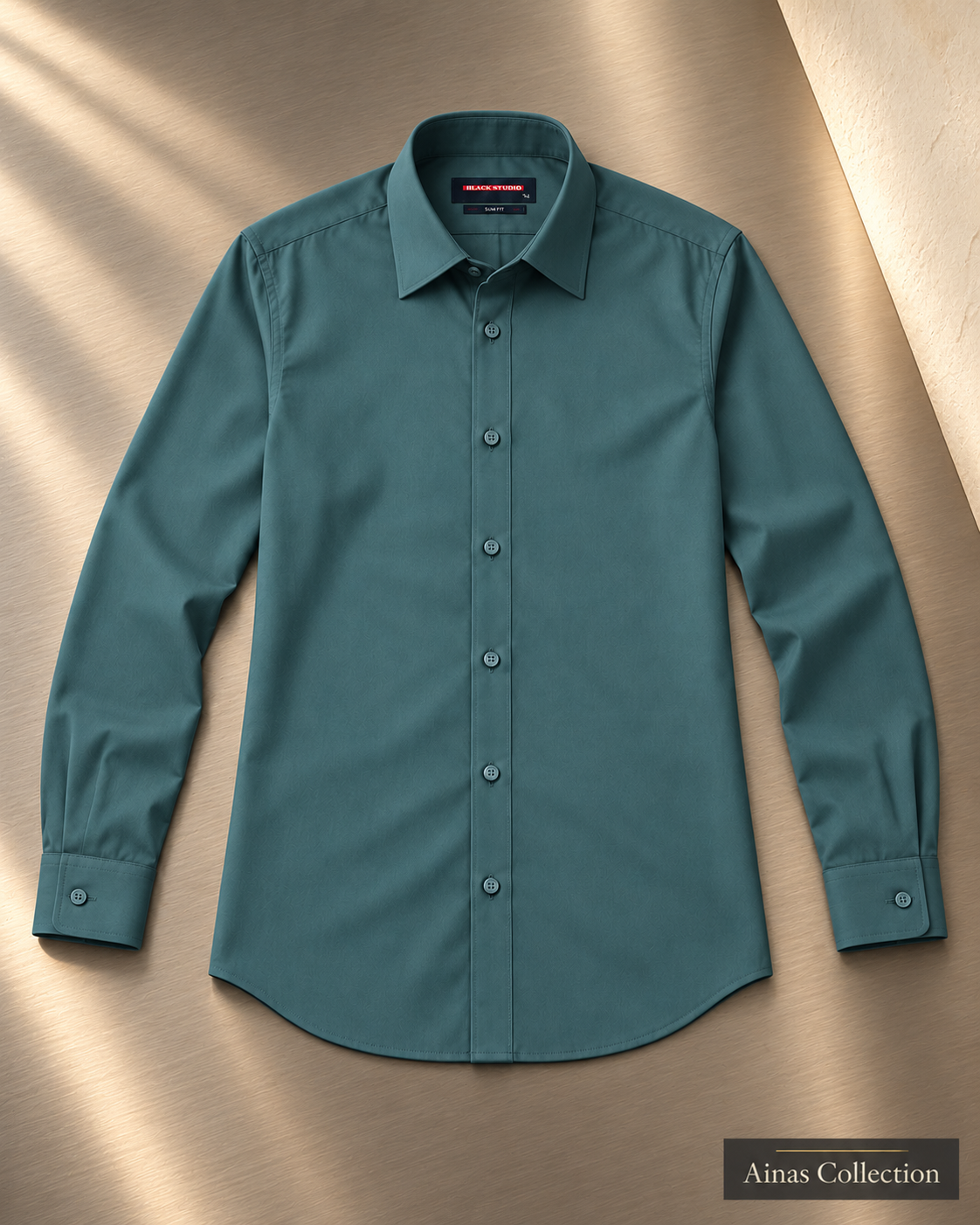 Ainas Collection Deep Teal formal shirt — full sleeves open view; AI-assisted colour preview, confirm actual colour and availability