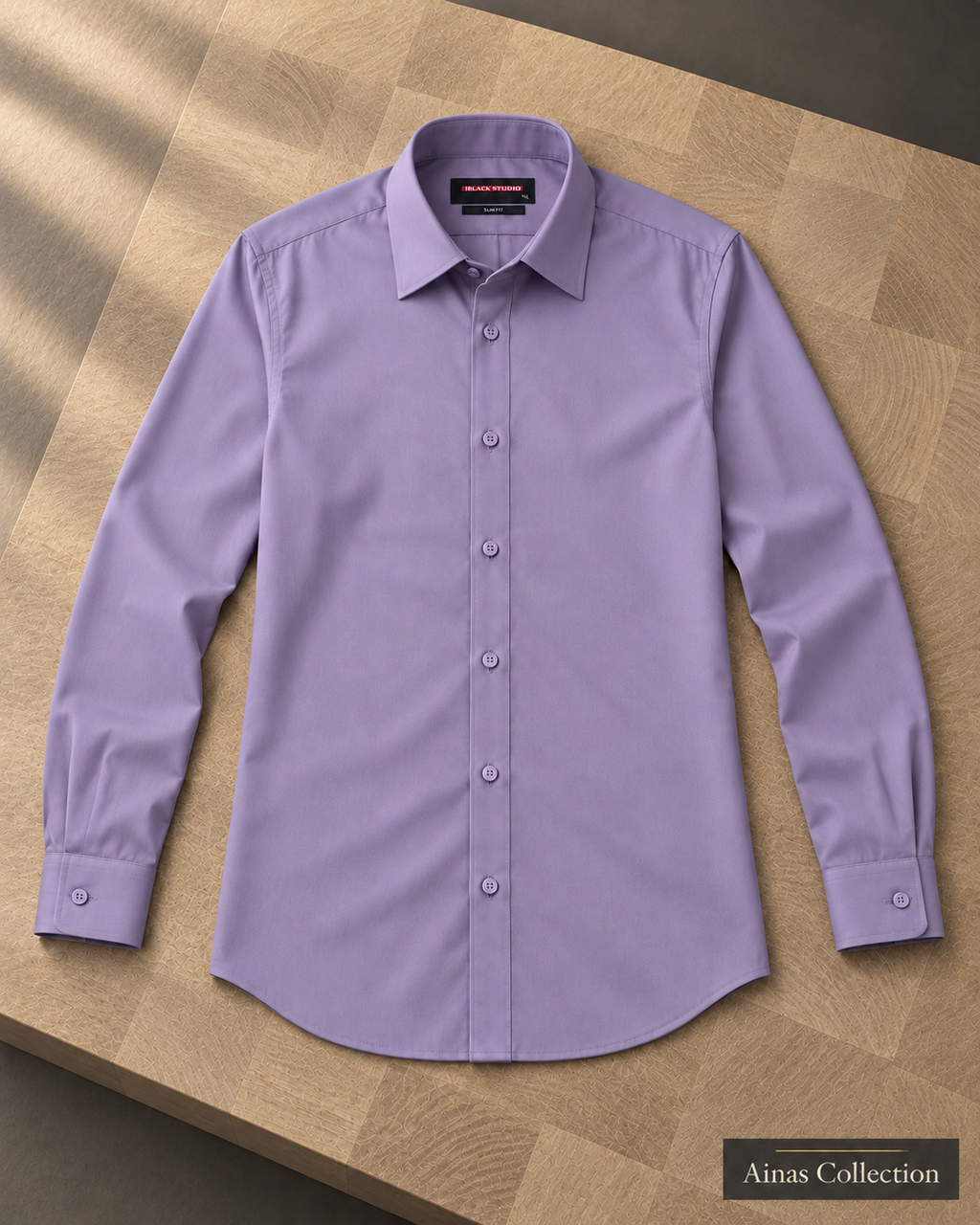 Ainas Collection Lavender formal shirt — full sleeves open view; AI-assisted colour preview, confirm actual colour and availability