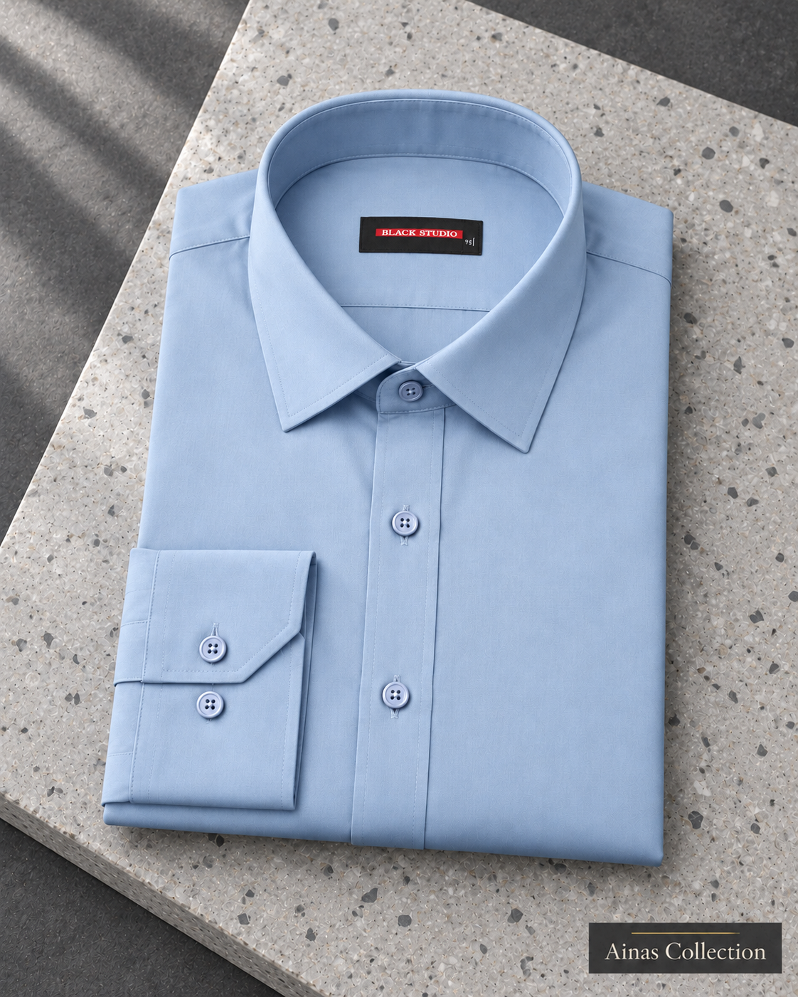 Ainas Collection Light Blue formal shirt — folded display; AI-assisted colour preview, confirm actual colour and availability