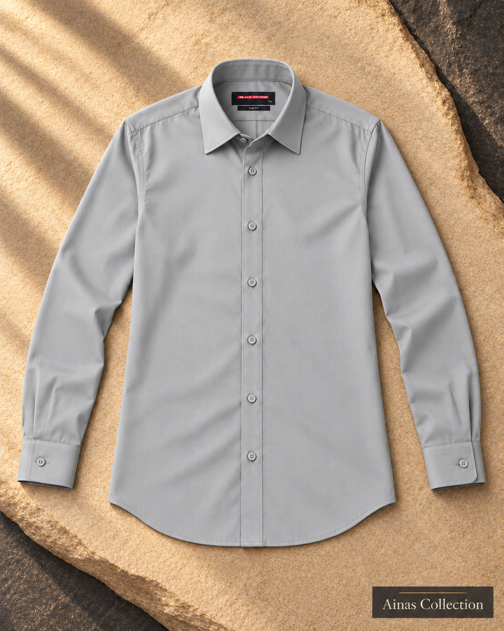 Ainas Collection Light Grey formal shirt — full sleeves open view; AI-assisted colour preview, confirm actual colour and availability