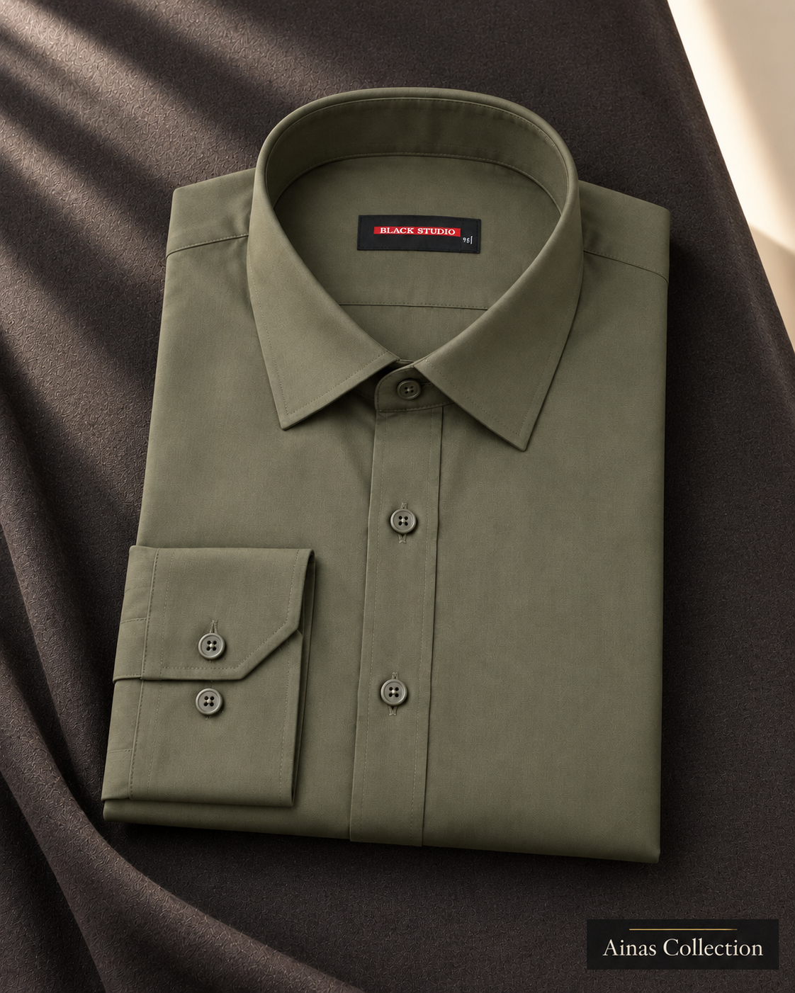 Ainas Collection Olive formal shirt — folded display; AI-assisted colour preview, confirm actual colour and availability