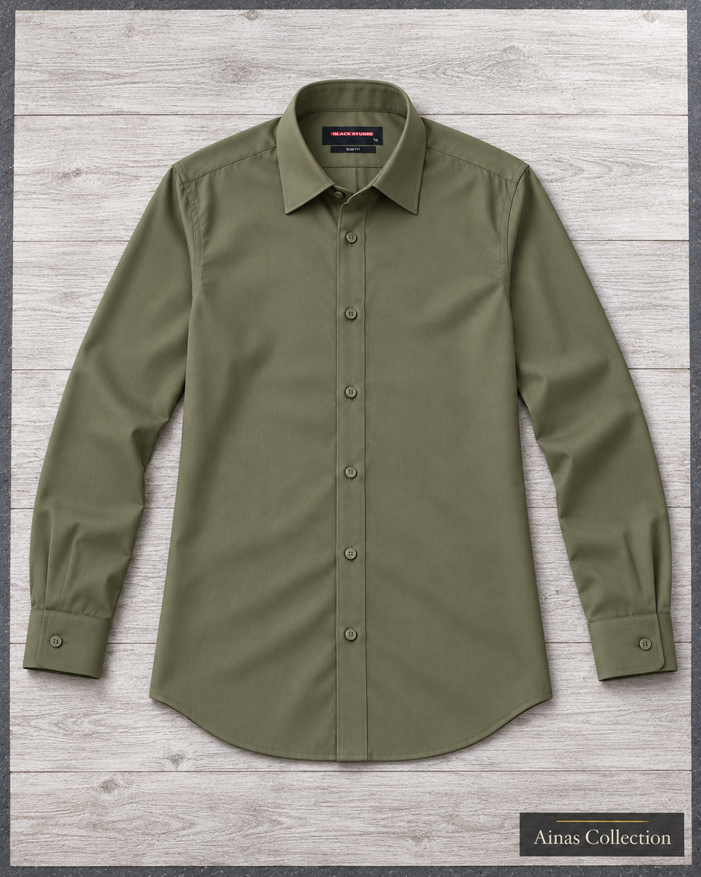 Ainas Collection Olive formal shirt — full sleeves open view; AI-assisted colour preview, confirm actual colour and availability