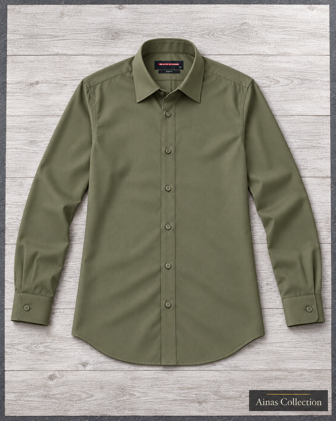 Ainas Collection Olive formal shirt — full sleeves open view; AI-assisted colour preview, confirm actual colour and availability
