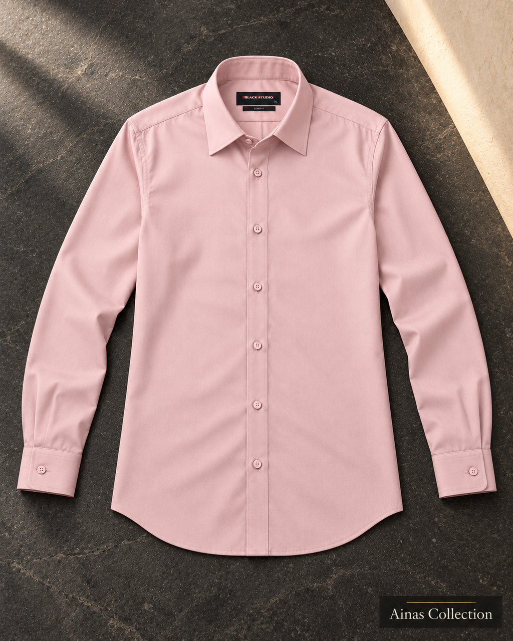 Ainas Collection Pale Pink formal shirt — full sleeves open view; AI-assisted colour preview, confirm actual colour and availability