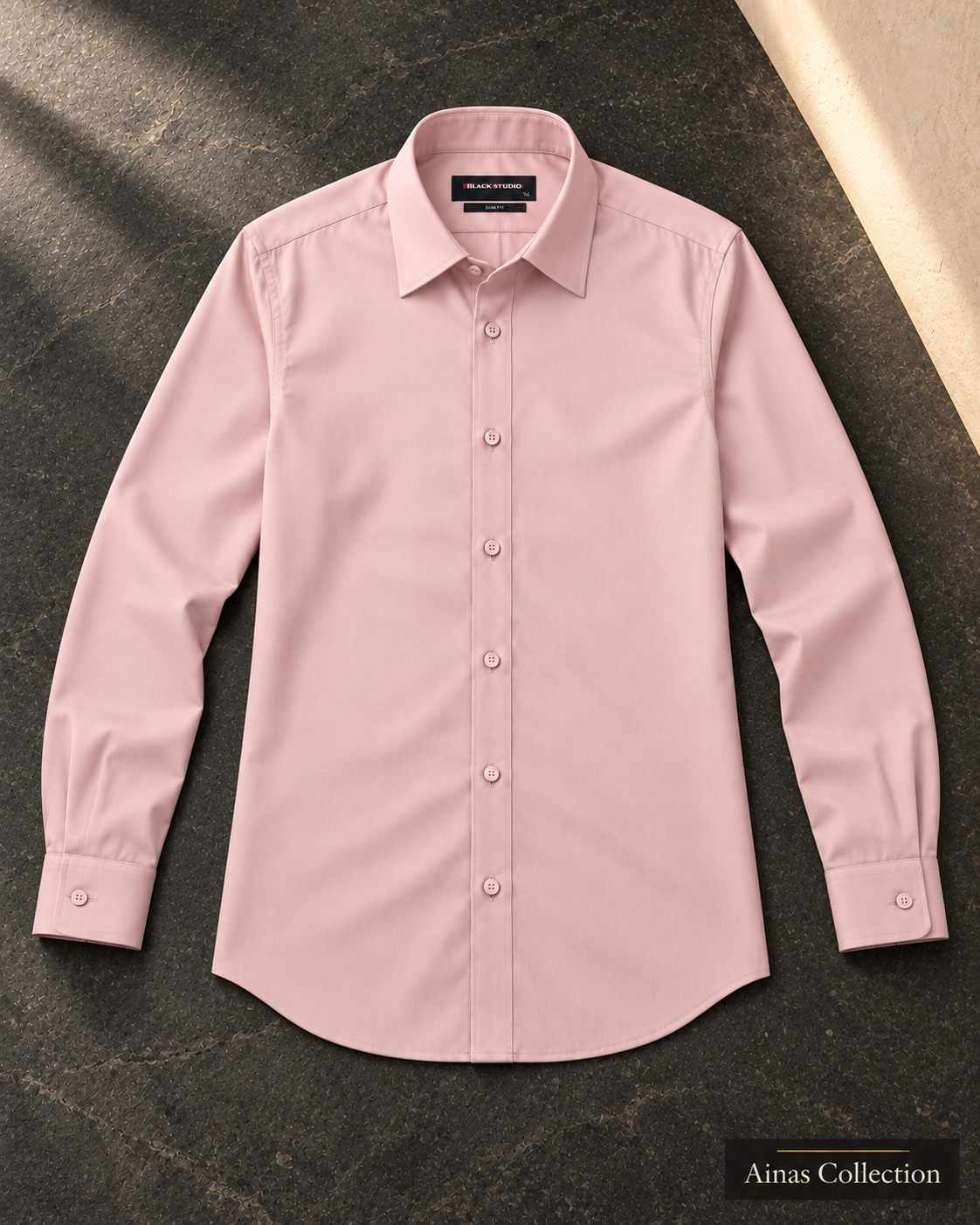 Ainas Collection Pale Pink formal shirt — full sleeves open view; AI-assisted colour preview, confirm actual colour and availability