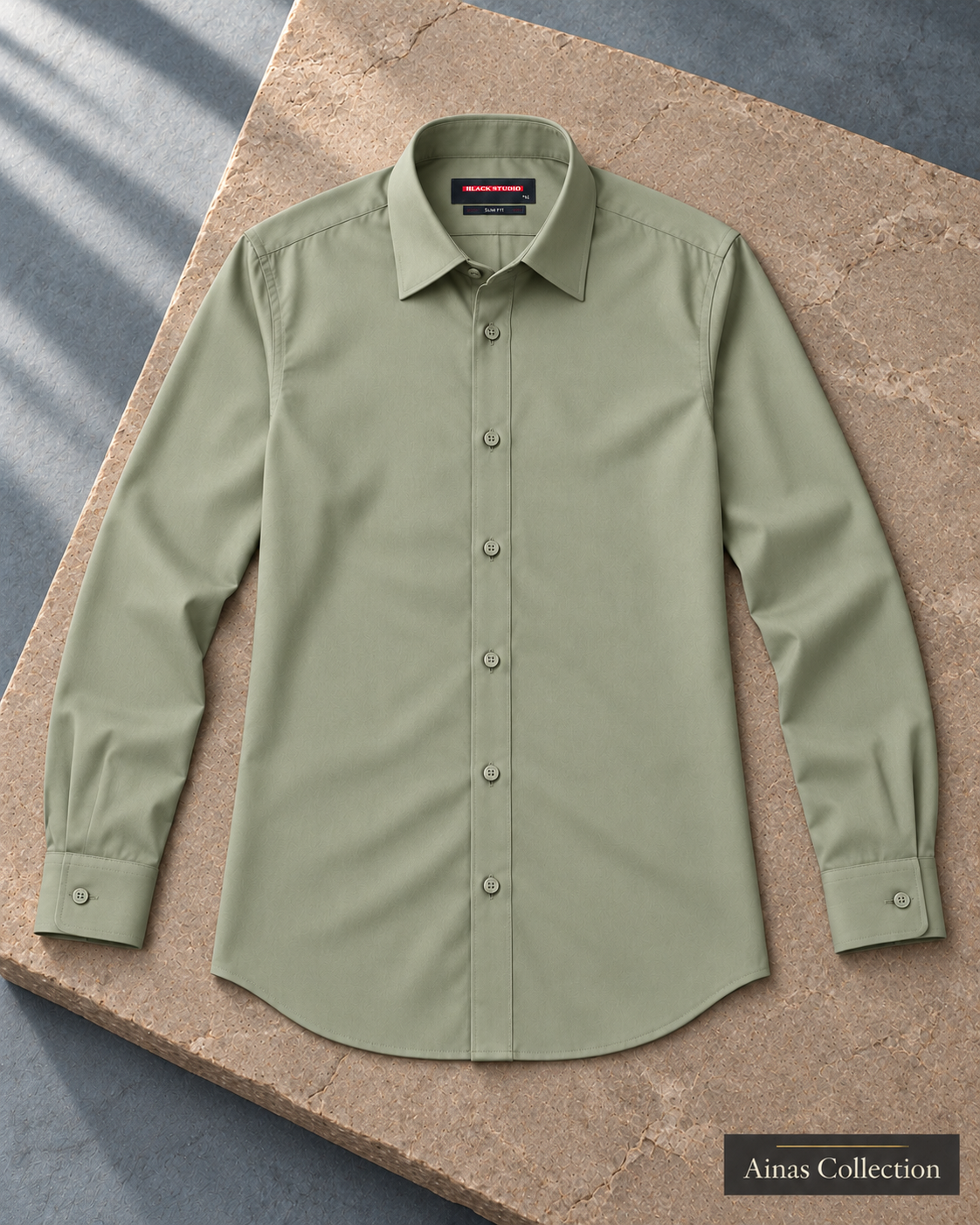Ainas Collection Sage formal shirt — full sleeves open view; AI-assisted colour preview, confirm actual colour and availability