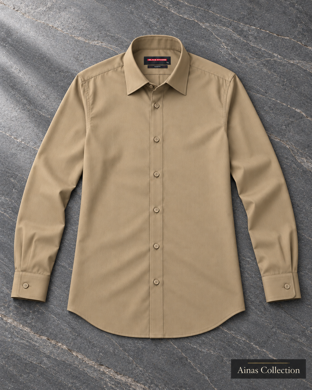 Ainas Collection Sand formal shirt — full sleeves open view; AI-assisted colour preview, confirm actual colour and availability