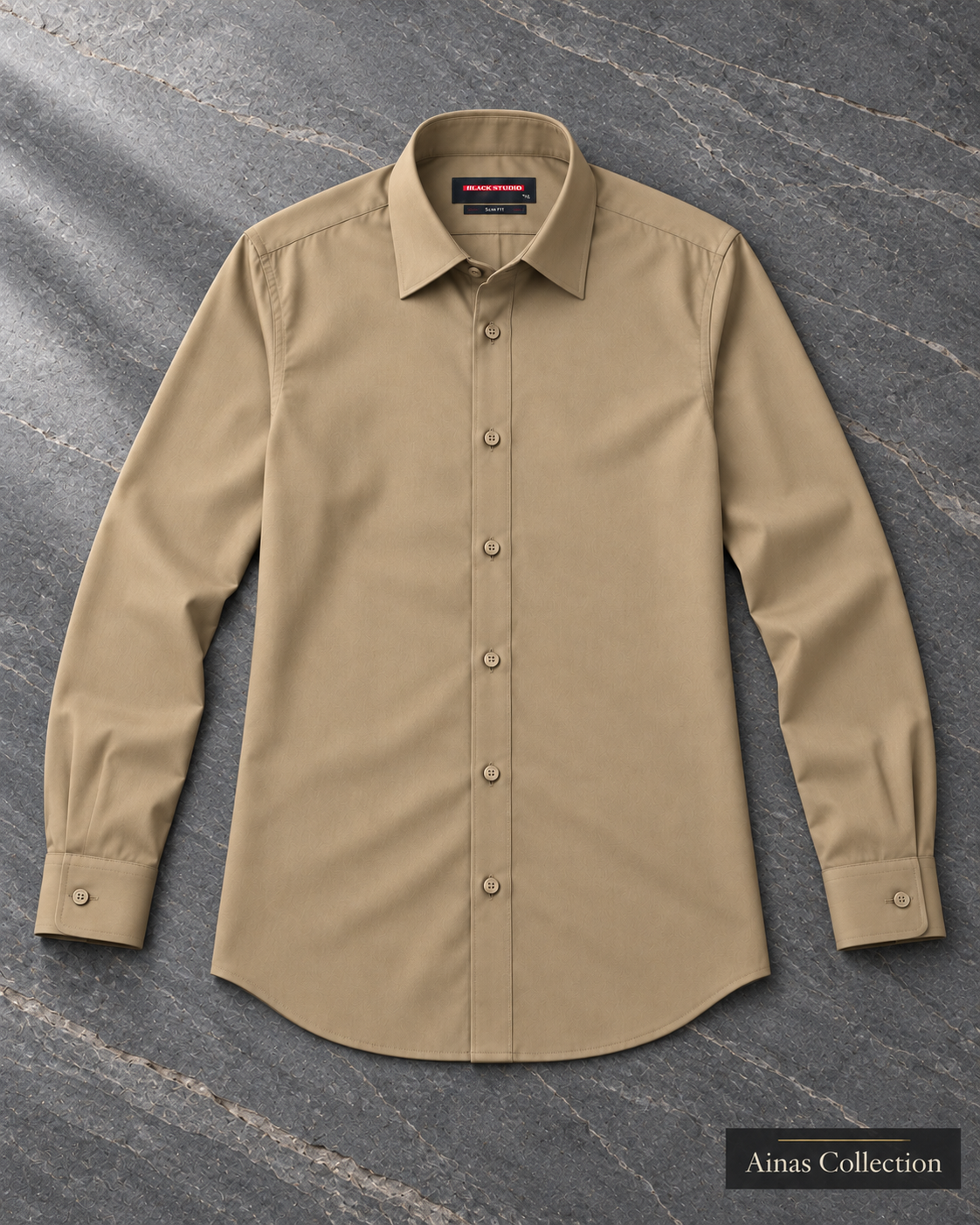 Ainas Collection Sand formal shirt — full sleeves open view; AI-assisted colour preview, confirm actual colour and availability