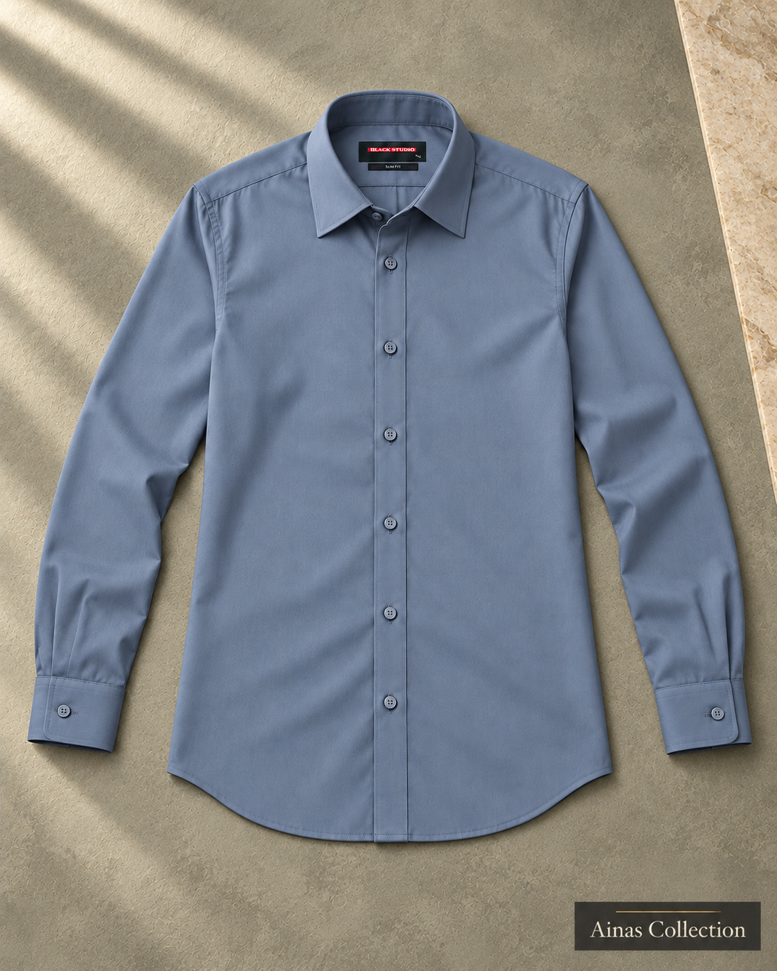 Ainas Collection Steel Blue formal shirt — full sleeves open view; AI-assisted colour preview, confirm actual colour and availability