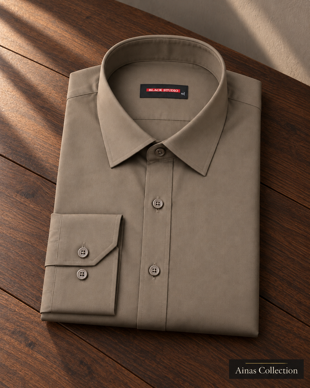Ainas Collection Taupe formal shirt — folded display; AI-assisted colour preview, confirm actual colour and availability