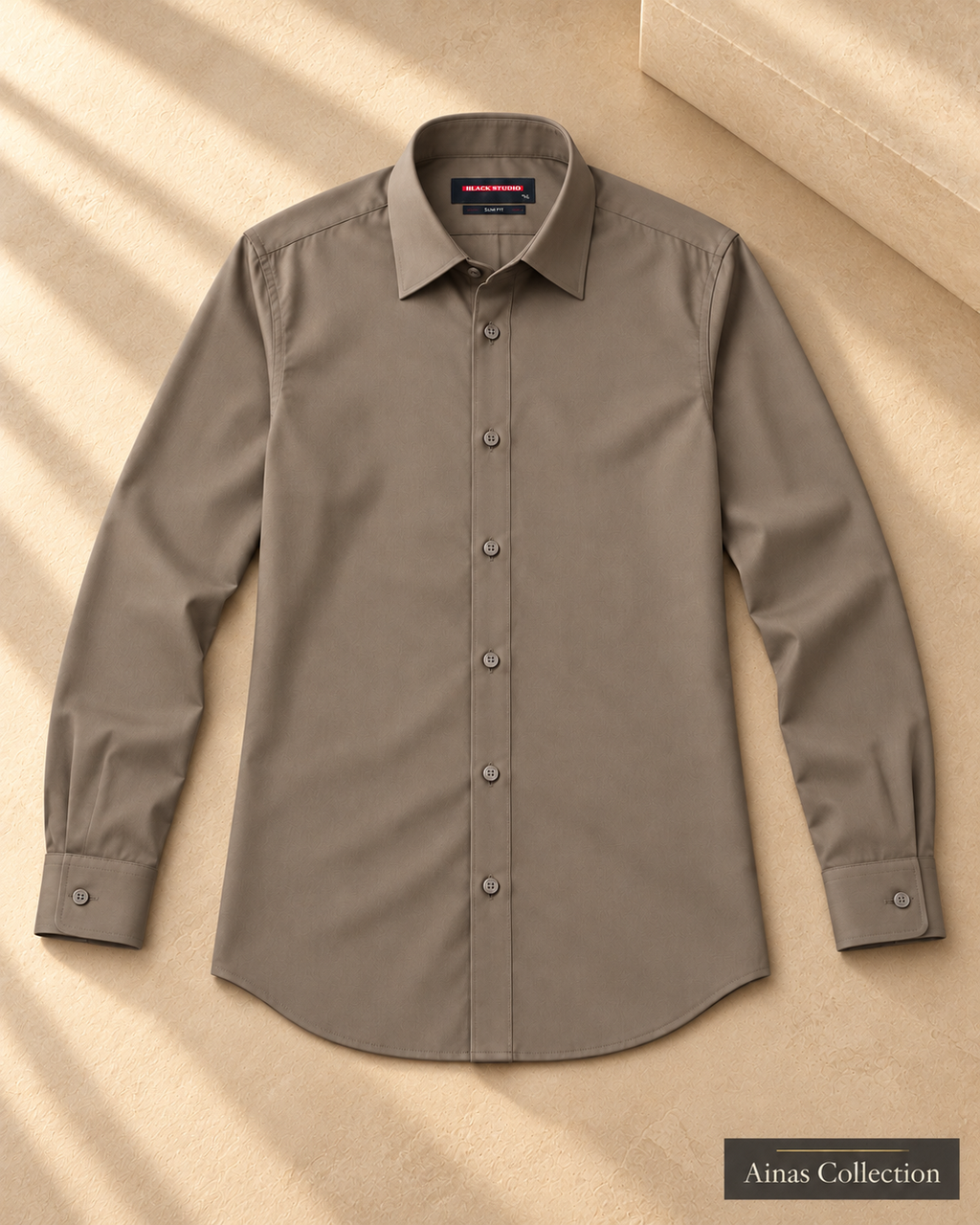 Ainas Collection Taupe formal shirt — full sleeves open view; AI-assisted colour preview, confirm actual colour and availability