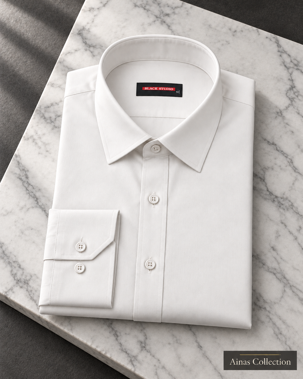 Ainas Collection White formal shirt — folded display; AI-assisted colour preview, confirm actual colour and availability