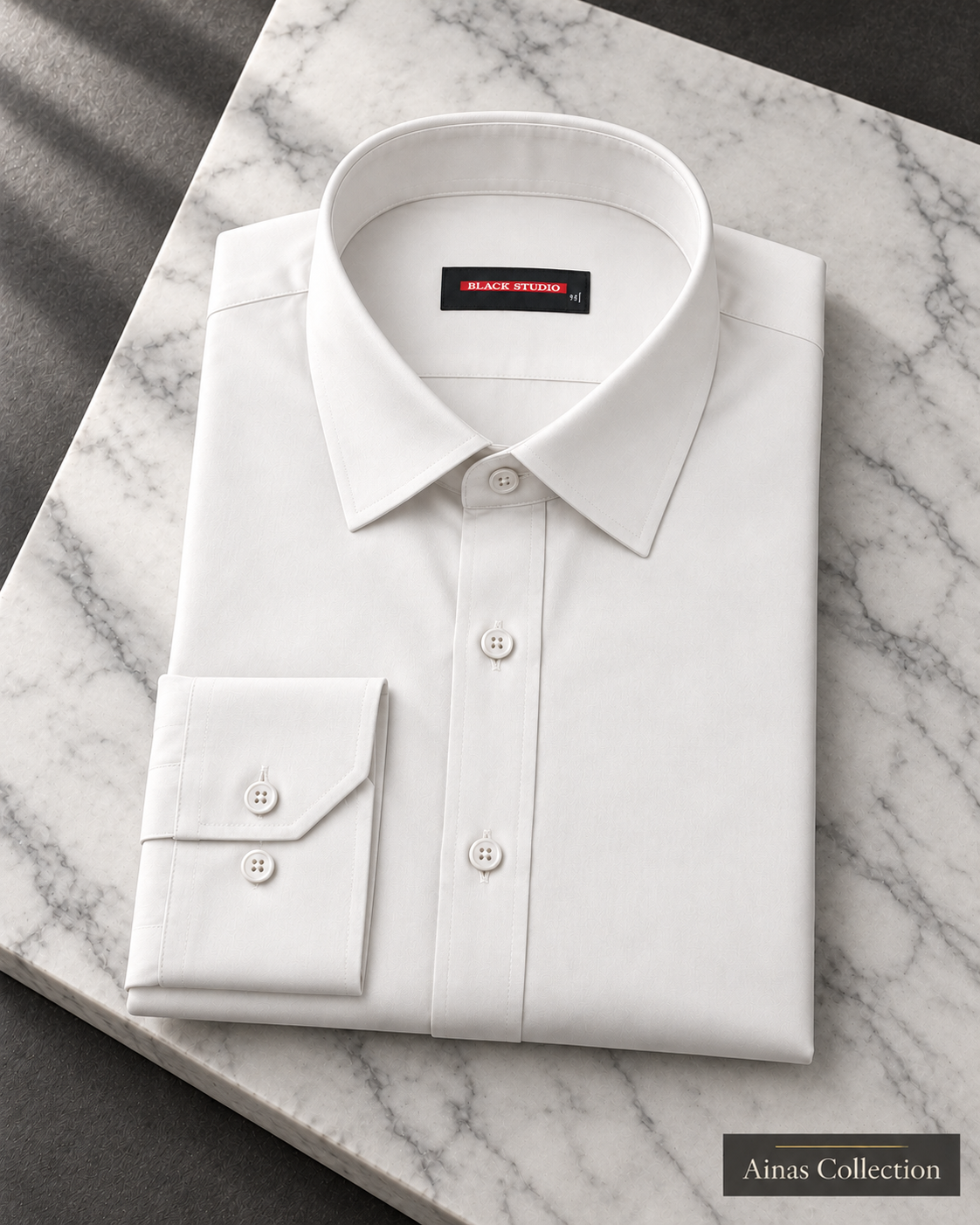 Ainas Collection White formal shirt — folded display; AI-assisted colour preview, confirm actual colour and availability
