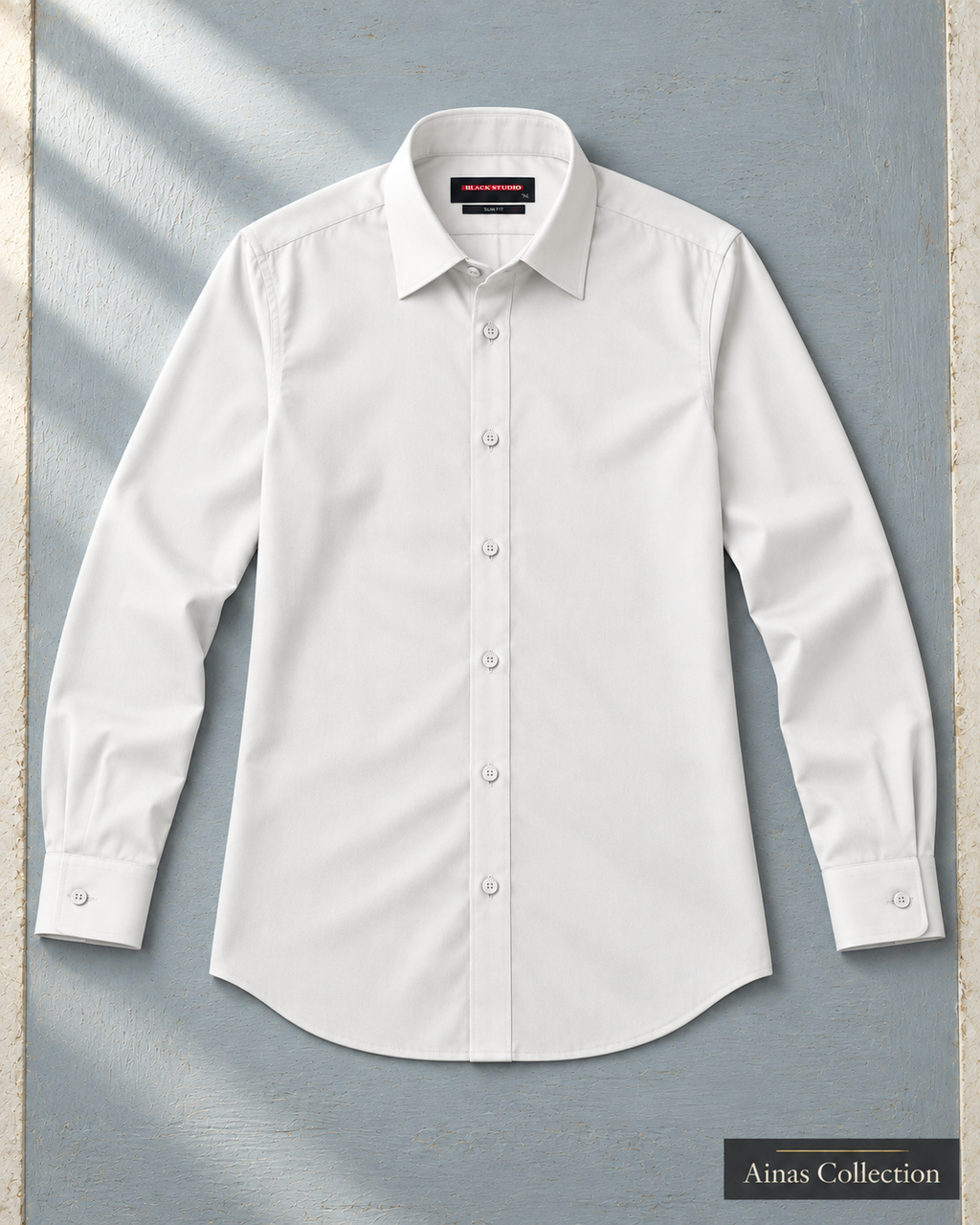 Ainas Collection White formal shirt — full sleeves open view; AI-assisted colour preview, confirm actual colour and availability