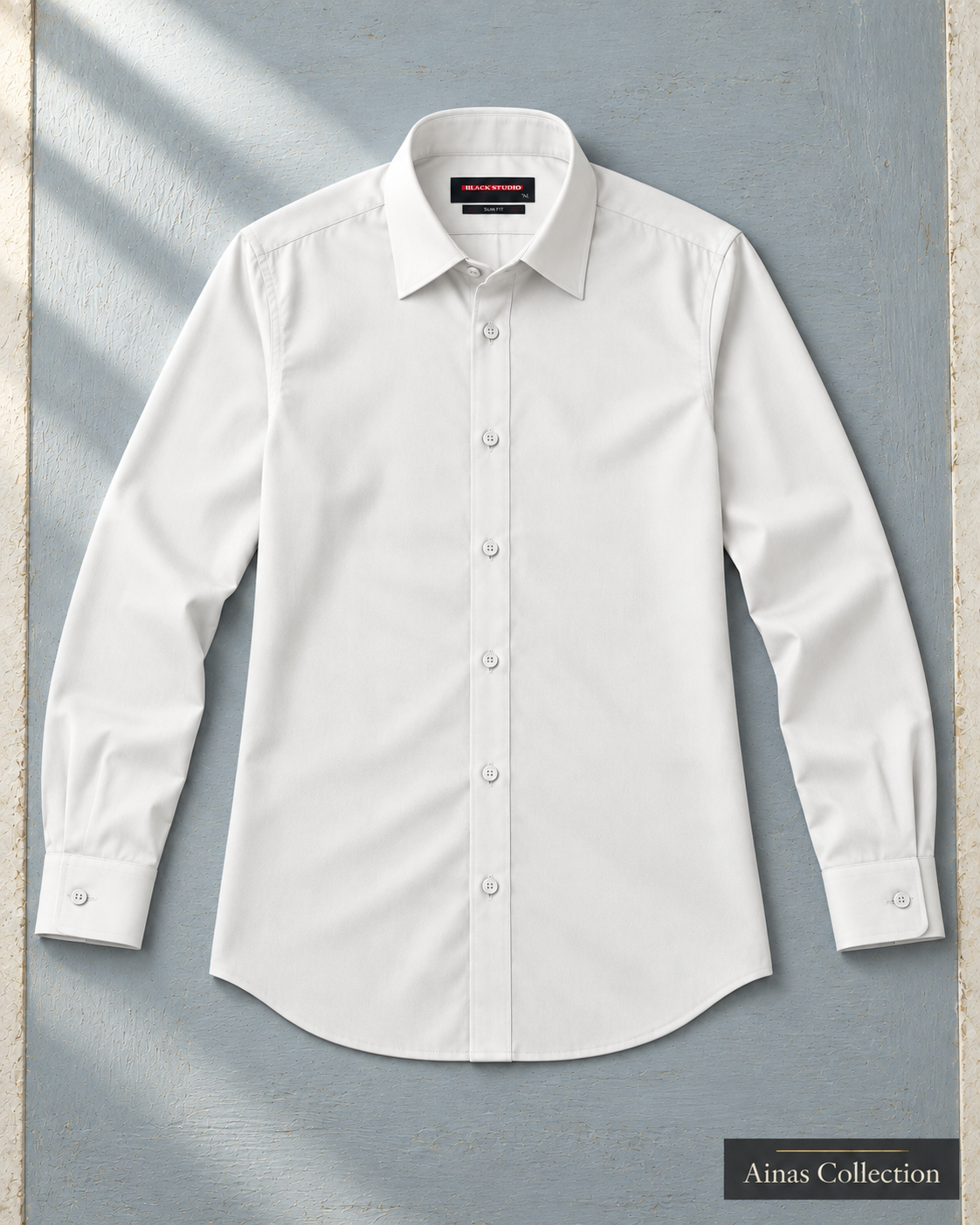 Ainas Collection White formal shirt — full sleeves open view; AI-assisted colour preview, confirm actual colour and availability
