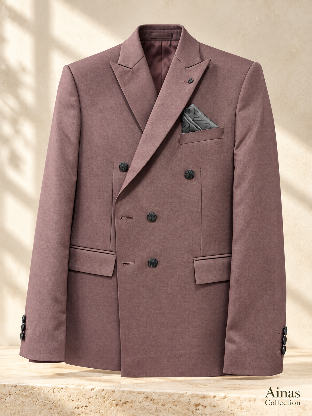Ainas Collection Dusty Mauve double-breasted 2-piece suit — jacket photograph enhanced from actual supplied photo