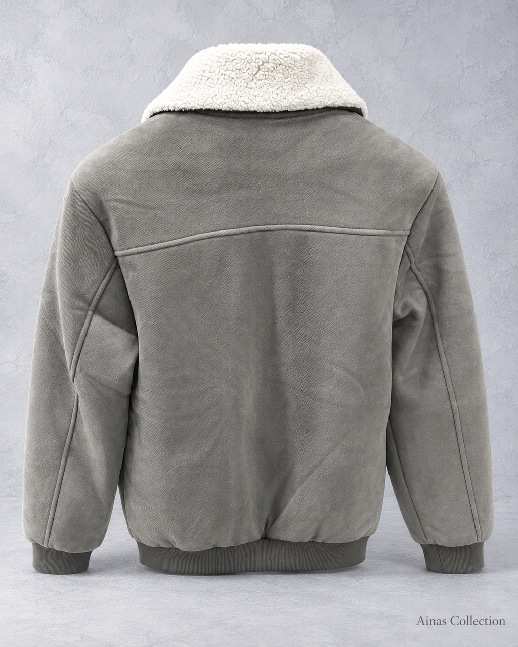 Grey Sherpa Collar Zip Jacket — back view, actual product photo with AI-assisted background editing. Confirm size and availability before ordering.