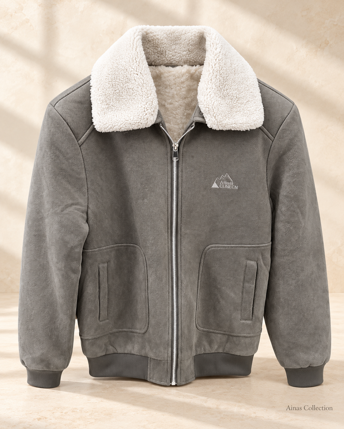 Grey Sherpa Collar Zip Jacket — front view, actual product photo with AI-assisted background editing. Confirm size and availability before ordering.