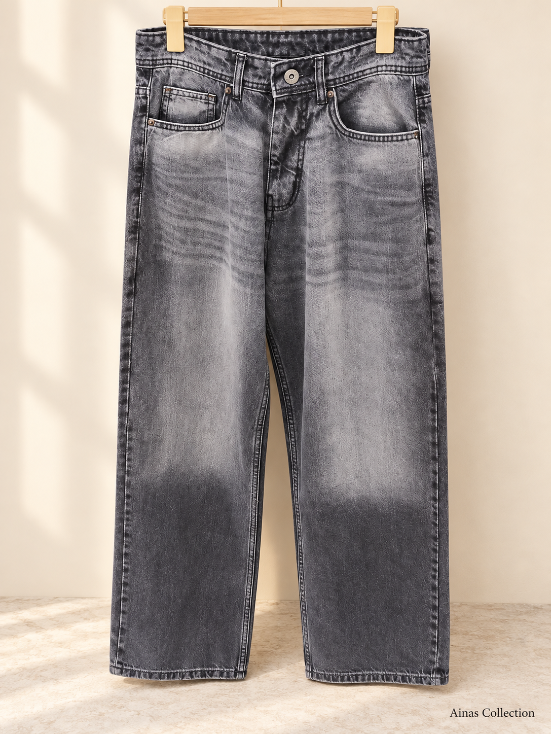 Ainas Collection Grey Washed Straight-Leg Jeans — actual supplied front photograph with edited background
